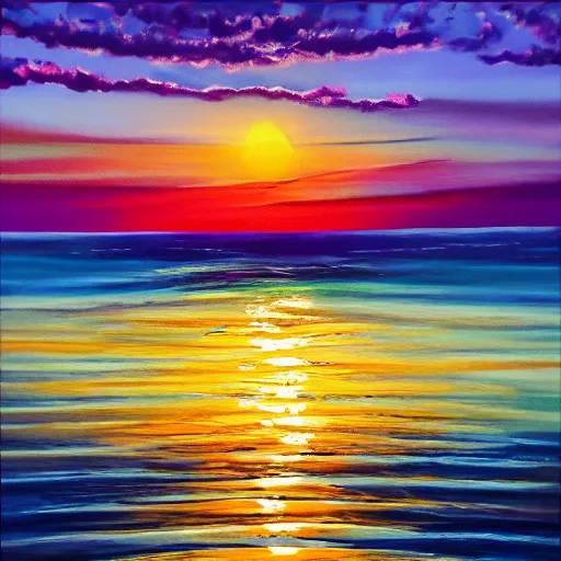 Prompt: sea, wavy, sun at dawn reflecting on the sea cloudy acryl painting 4 k