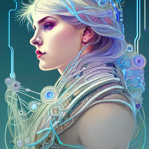 Prompt: high quality, high detailed portrait of a snow queen cyberpunk character in a futuristic world, hyperrealism, intricate details, cables, wires, connectors, led. alphonse mucha, pastel colors, vintage, artstation, vector. 8 k