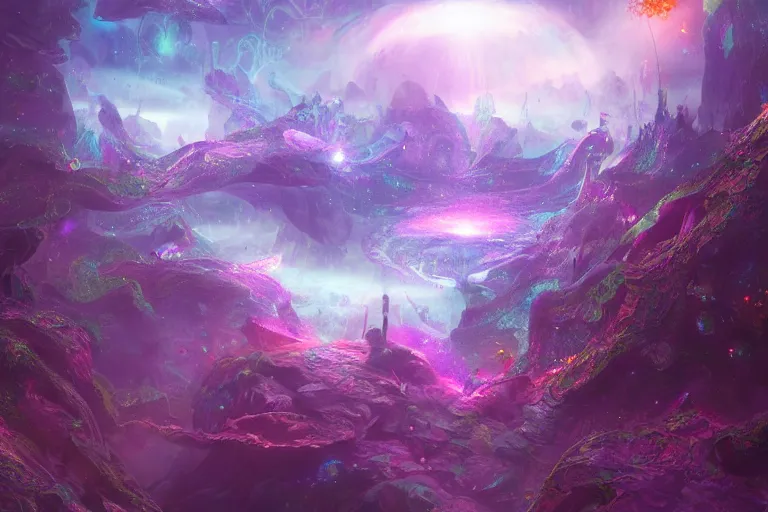 Prompt: a psychedelic realm at the edge of existence where intensely creative astral beings exist, attempt to break into the human reality, in the style of wlop, illustration, epic, fantasy, hyper detailed, smooth, unreal engine, sharp focus, ray tracing