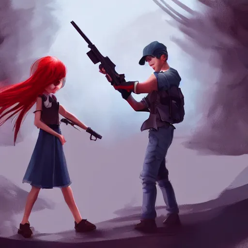 Prompt: a concept art of a boy and a girl with red hair holding a gun, highly detailed, digital painting, artstation, concept art, smooth, sharp focus, illustration