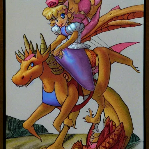 Image similar to Princess peach riding a dragon