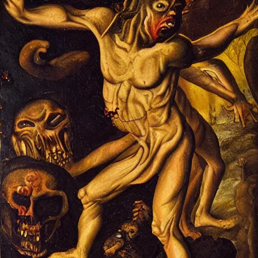 Image similar to demonic figure, oil painting, hell and nightmare, 1 5 0 0 s