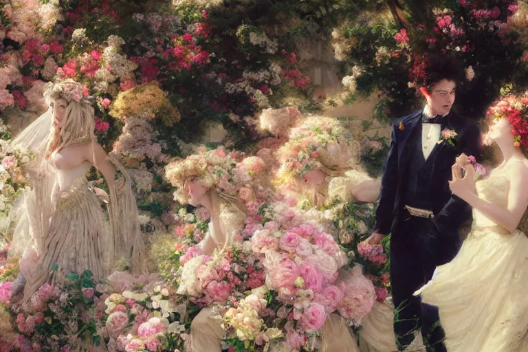 Image similar to the groom look at the bride at a wedding full of flowers, bright and happy, dreamlike art, highly detail, 4 k realistic, wedding photoy krenz cushart, artem demura, yoji shinkawa artgerm, jon lothian, danilo torres. adi meyers. thomas reimann. gaston bussiere.