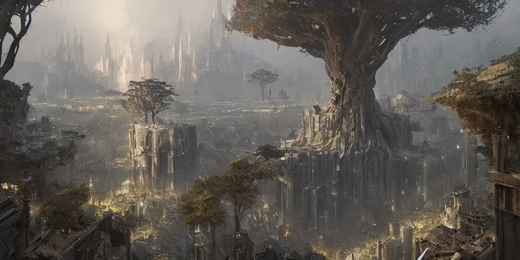 Prompt: a vast city built in an ancient tree, greg rutkowski, 8 k, shallow depth of field, intricate detail, concept art,