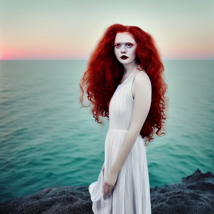 Image similar to a portrait photography of with red long curly hair and full body dress in white by Flora Borsi, stand up with the sea behind, soft sunset lighting, pastel colors scheme, fine art photography, dramatic backgroung, 50 mm sigma art