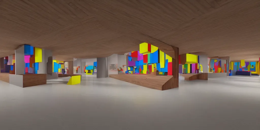Image similar to a high colourful coloured 3 d octane model of a brutalism art gallery with wooden floor in walnut, highly detailed