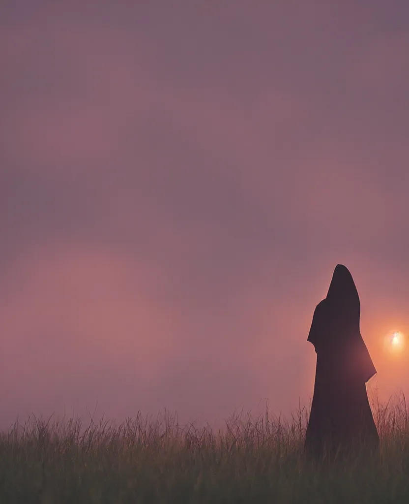 Prompt: “ a cloaked woman conjuring a spell in a tall grass field during a misty sunset surrounded by forest, in the style of akira ”