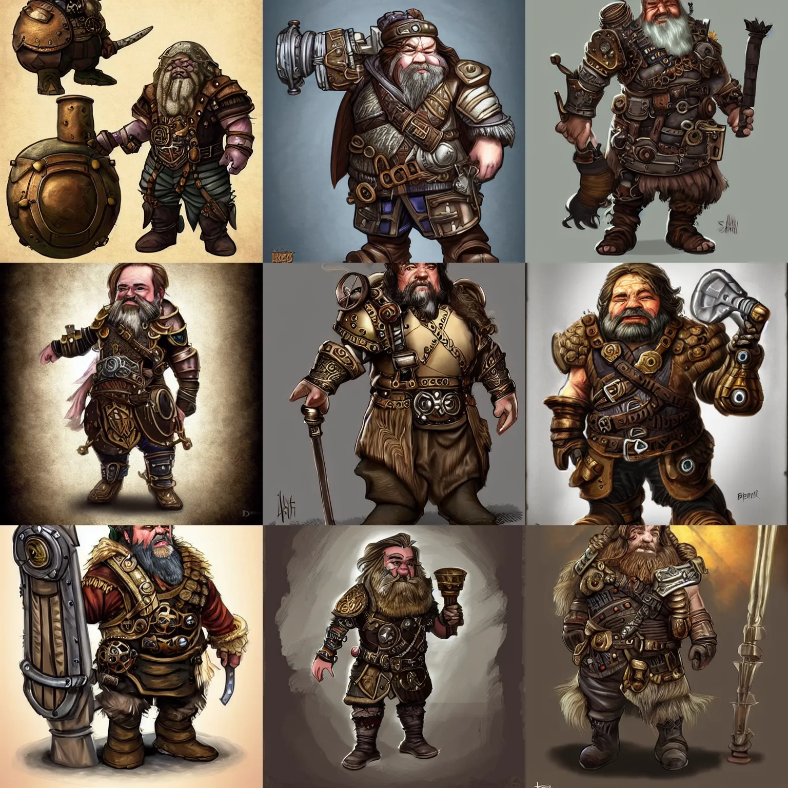 Prompt: dwarf wearing bulky steampunk armor. DnD character art, detailed, trending