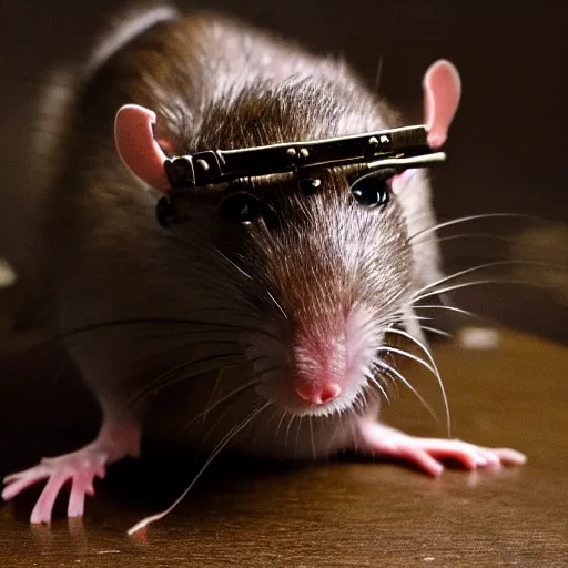 Image similar to a rat with steampunk googles, by Zack Snyder