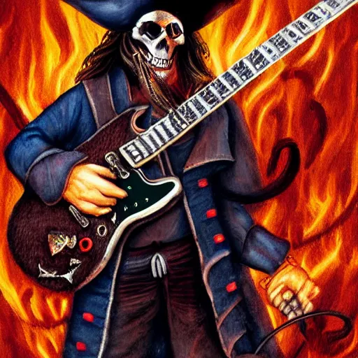 Image similar to a pirate playing an electric guitar in hell