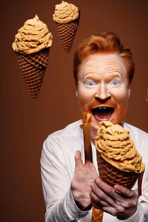 Prompt: 📷 conan o'brien the ice - cream cone 🍦, made of food, still image, dynamic lighting, 4 k