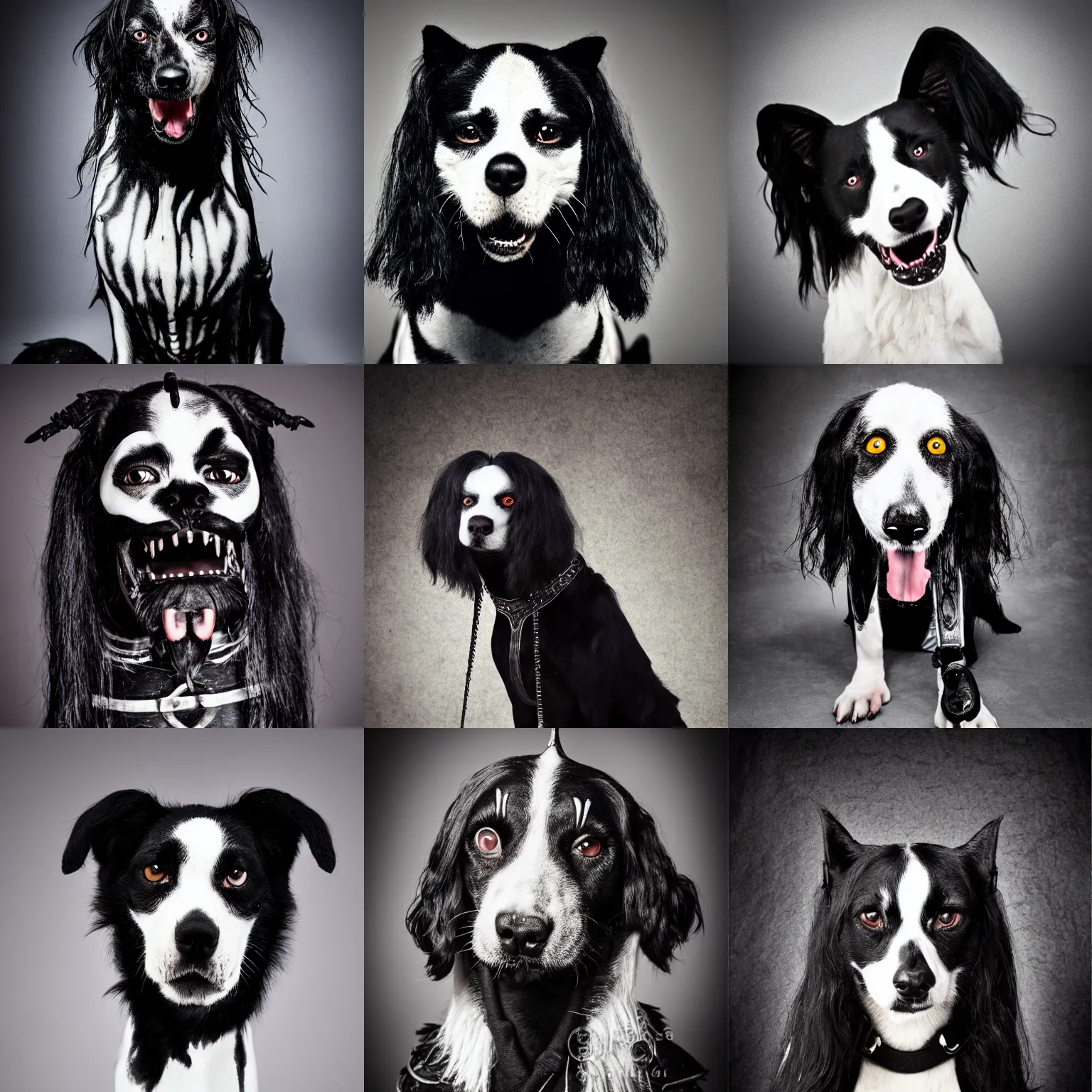 Image similar to black metal dog with corpse paint, studio photography