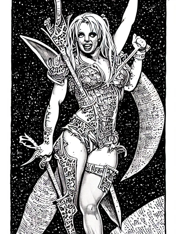 Image similar to britney spears as a d & d monster, full body, pen - and - ink illustration, etching, by russ nicholson, david a trampier, larry elmore, 1 9 8 1, hq scan, intricate details, inside stylized border