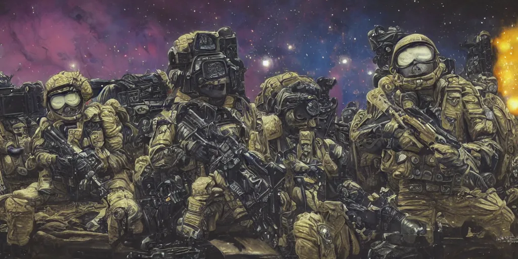 Prompt: military sci fi muppet special forces soldiers,inks,octane render photorealistic, blue,gold,white,black octane render, insanely detailed, realistic, + psychedelic, cosmic energy by Kelly McKernan, yoshitaka Amano, hiroshi yoshida, moebius, loish, artgerm, happy,joyful, painterly, symmetrical and detailed hyperdetailed 8k, moebius,steven wiltshire, , hyper detailed,high contrast,vivid psychedelic colors,, Neon Genesis Evangelion, mathematics and geometry, loony toons, saturated, sun rays + Laurie Greasley + Katsuhiro Otomo, Craig Mullins, 8k, octane render, trending on artstation, hyper detailed,