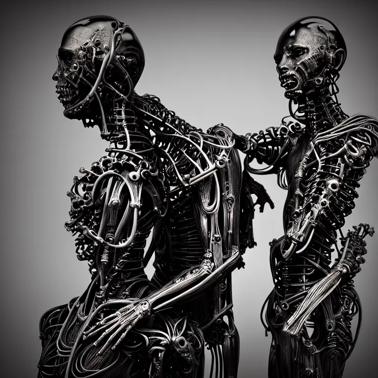 Image similar to dark biomechanical ribbed religious sculpture statue of two male cyborgs in love, in pain, suffering, baroque painting, beautiful detailed intricate insanely detailed octane render, organic 8K artistic photography, photorealistic, chiaroscuro, Raphael, Caravaggio, Giger, Beksinski, black background