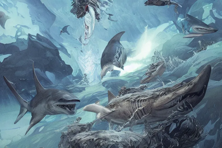 Prompt: a hyper detailed tarot card of a shiver of freaking sharks with freaking laser beams on their heads, floating just above a volcanic crevasse at the bottom of the ocean,, concept art, 8 k, artstation, art by greg rutkowski and alphonse mucha, pixiv