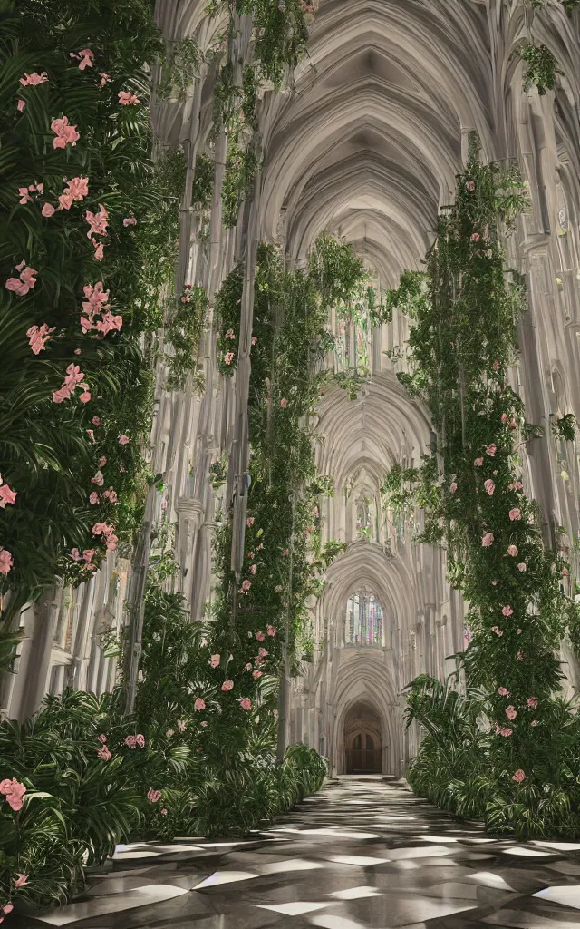 Image similar to beautiful grand cathedral interior with!! koi pond!! in the! middle! surrounded by palm trees, ivy, flowers!!, tropical plants, roses!!, and with archways, rendered in octane render with photorealistic volumetric cinematic lighting, wide angle, horizontal symmetry, 8 k