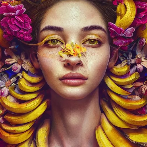 Image similar to the portrait of the most beautiful, graceful, and elegant woman made of bananas and petals, an ultrafine detailed illustration by kim jung gi, irakli nadar, intricate linework, bright colors, final fantasy, behance contest winner, angular, unreal engine 5 highly rendered, global illumination, radiant light, detailed and intricate environment