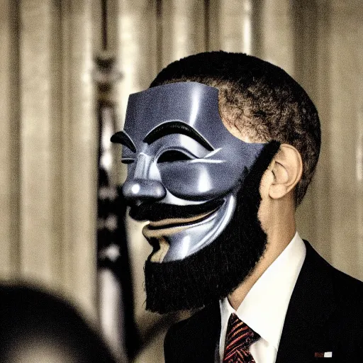 Image similar to man wearing guy fawkes mask accepting award from obama in university hall, photo, cinematic lighting