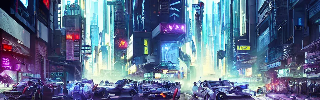 Image similar to a busy cyberpunk street with a heavy police presence. 8 k, epic cinematic hyperrealism masterpiece. realistic poster with shaded lighting by craig mallismo, artgerm, jeremy lipkin and michael garmash, unreal engine, radiant light, detailed and complex environment, digital art, art station trends, detailed, lens flare, motion blur