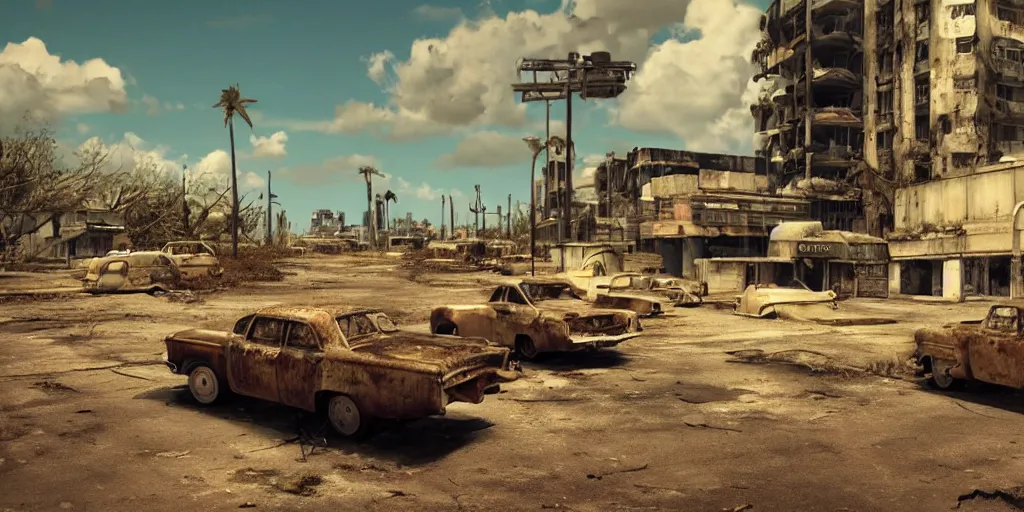 Image similar to wide angle shot of dilapidated fallout 5 tropical coastal city in real life, desolate, dilapidated, empty streets, nightmarish, some rusted retro futuristic fallout vintage style parked vehicles, sunny weather, few clouds, volumetric lighting, photorealistic, daytime, autumn, sharp focus, ultra detailed, cgsociety