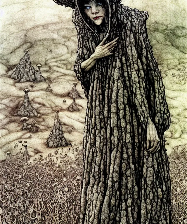 Prompt: A detailed funguswoman stands among the mushroom hills. Wearing a ripped mantle, robe. Perfect faces, extremely high details, realistic, fantasy art, solo, masterpiece, art by Arthur Rackham, Zdzisław Beksiński