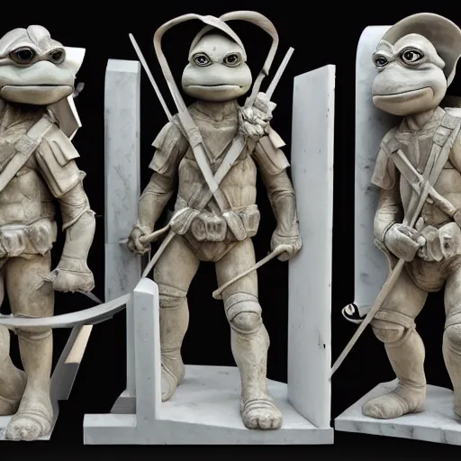 Image similar to teenage mutant ninja turtles as a sculpture from the renaissance, white marble, glossy, high details, cinematic