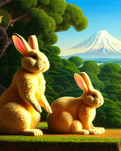Prompt: a rabbit bear, sitting in tokyo, unique, sunny day, highly detailed, masterpiece, award winning, realistic, art by thomas cole and studio ghibli