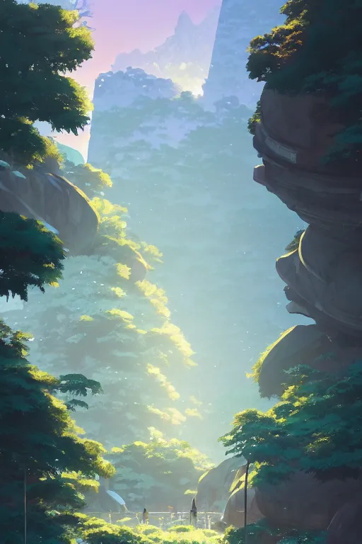 Image similar to evergreen valley, waterfalls, ancient marble city, tall buildings, wide view, landscape, by makoto shinkai and lois van baarle, ilya kuvshinov, rossdraws, tom bagshaw, global illumination, morning light, radiant light