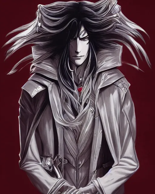 Prompt: portrait of alucard from castlevania, elegant, beautiful, mesmerizing, concept art, inspired by otoyomegatari manga, fancy clothing, highly detailed, artstation, behance, deviantart, trending, kaoru mori