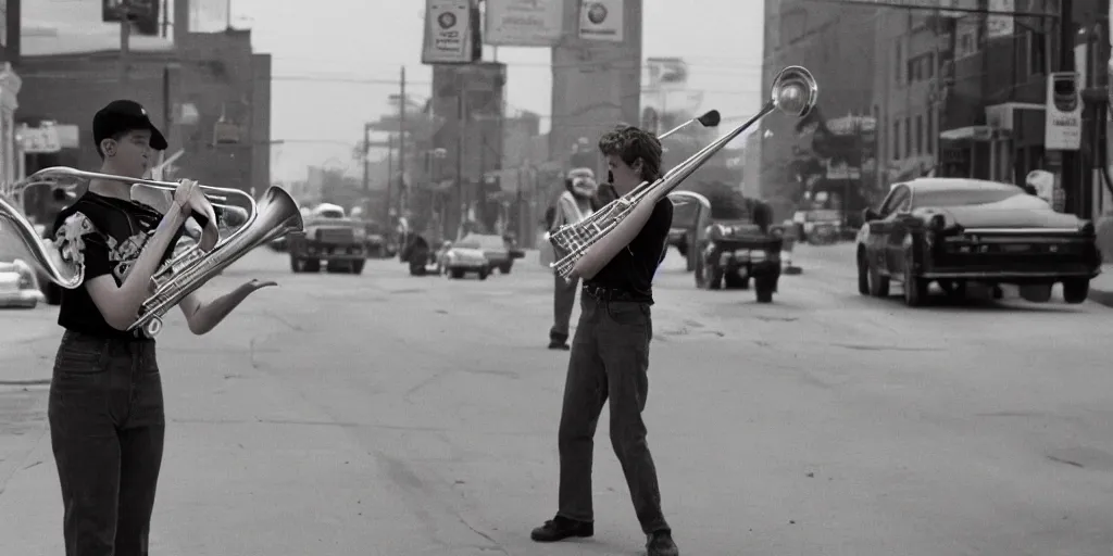 Prompt: a fiery redhead teen plays the trombone in the streets of a kansas city in 1990