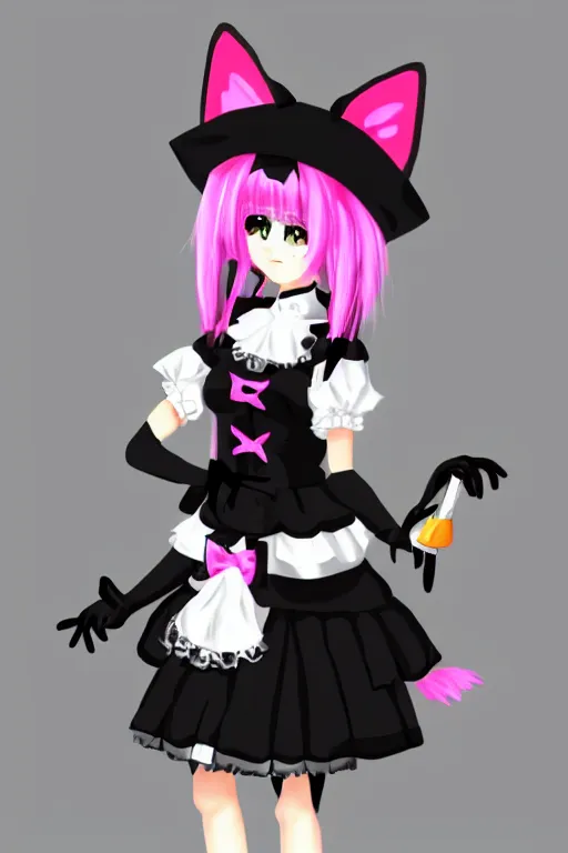 Prompt: Anime anthro cat with black fur, pink hair, and pink eyes in Gothic Lolita maid costume wearing small top hat in the style of Artstation