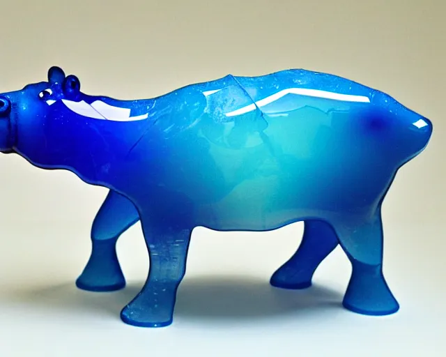 Image similar to a sculpture of hippo baby, half wood carved half blue translucid resin epoxy, cubic blocks, side view centered, mixmedia, transparent,