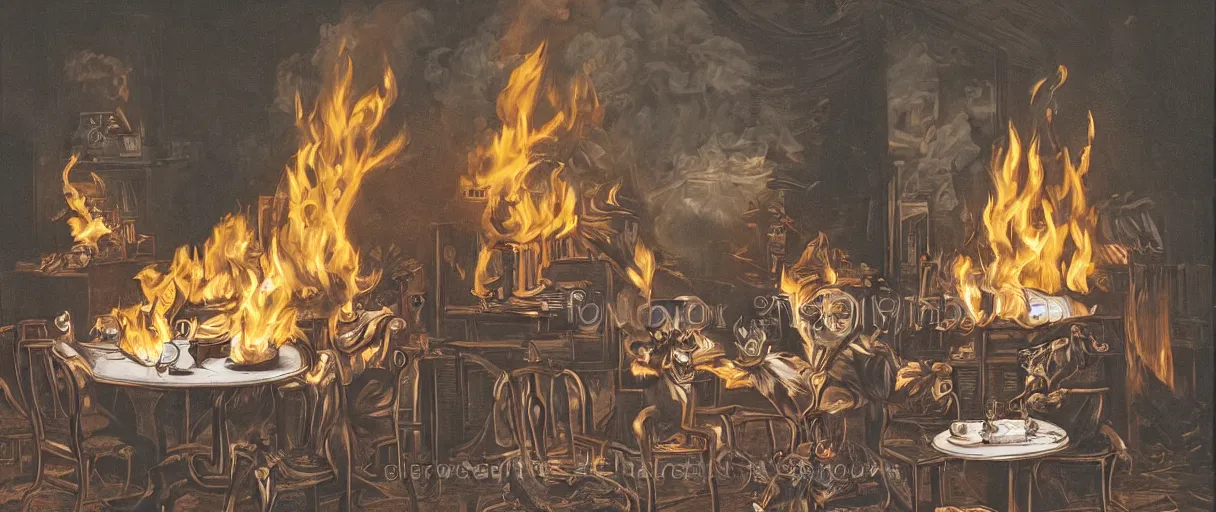 Prompt: a photograph (flash on) of a relaxed anthropomorphic dog sitting on a chair at a dinner table (no fire at all there), surrounded by flames, cup of coffee on the table, huge fire on this dining room in the background, a lot of flames behind the dog, black smoke instead of the ceiling, no watermark