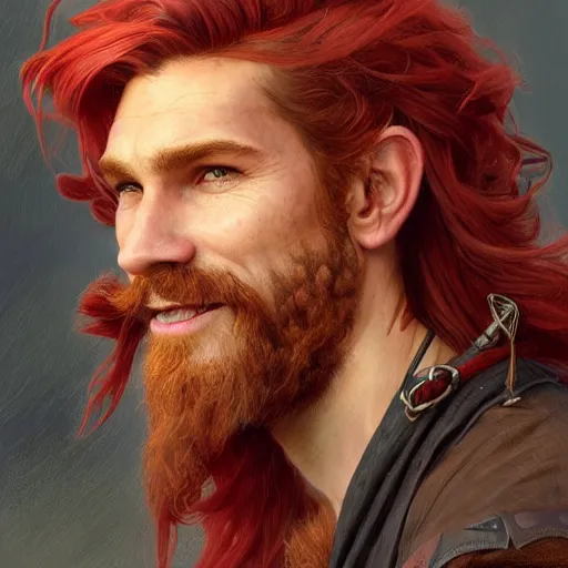 Prompt: portrait of a young ruggedly handsome but joyful pirate, male, masculine, upper body, red hair, long hair, d & d, fantasy, joyful smirk, intricate, elegant, highly detailed, digital painting, artstation, concept art, matte, sharp focus, illustration, crimson hair, art by artgerm and greg rutkowski and alphonse mucha