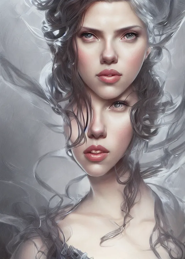 Image similar to Scarlett Johansson , beautiful bone structure, intricate, elegant, highly detailed, digital painting, artstation, concept art, smooth, sharp focus, illustration, art by artgerm and greg rutkowski and alphonse mucha