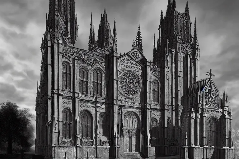 Prompt: a black and white photo of a cathedral, a detailed matte painting by edwin deakin, featured on cg society, gothic art, matte drawing, matte painting, vray tracing