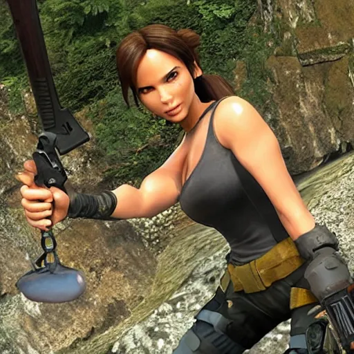 Prompt: lara croft poses with her big fish catch