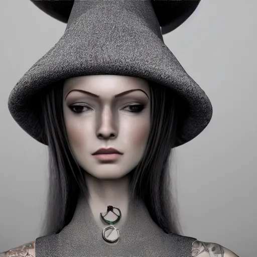 Prompt: fantasy witch wearing a gray hat, extreme detail, octane render, trending on artstation, 4 k, medium shot, symmetrical, bokeh, volumetric lighting, subsurface scattering.