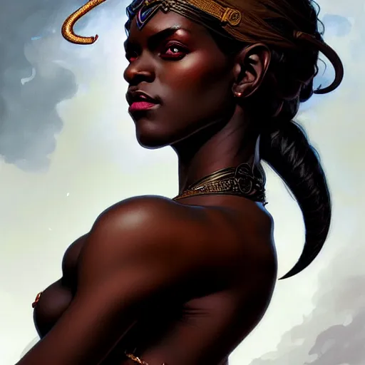 Prompt: , portrait of an black skinned tiefling female, D&D, fantasy, intricate, elegant, highly detailed, digital painting, artstation, concept art, smooth, sharp focus, illustration, art by artgerm and greg rutkowski and alphonse mucha