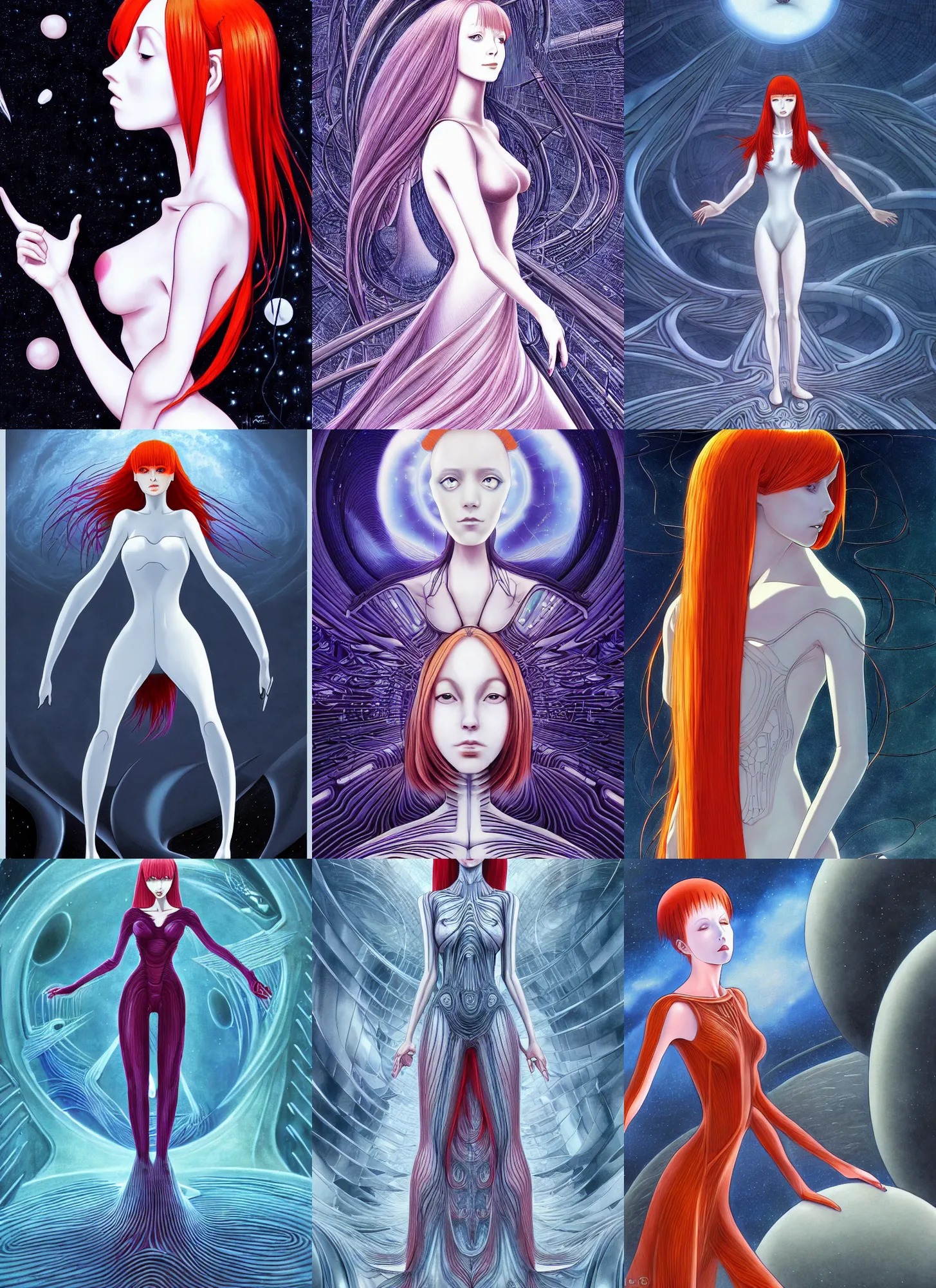 Image similar to a redhead woman in futuristic dress falls into a dream within a dream within a dream within a dream within a dream, h. r. giger, junji ito, alex grey, salvador dali, fractal, surreal art, semi realistic anime, studio ghibli, makoto shinkai, award winning illustration, masterpiece, trending on pixiv, 8 k