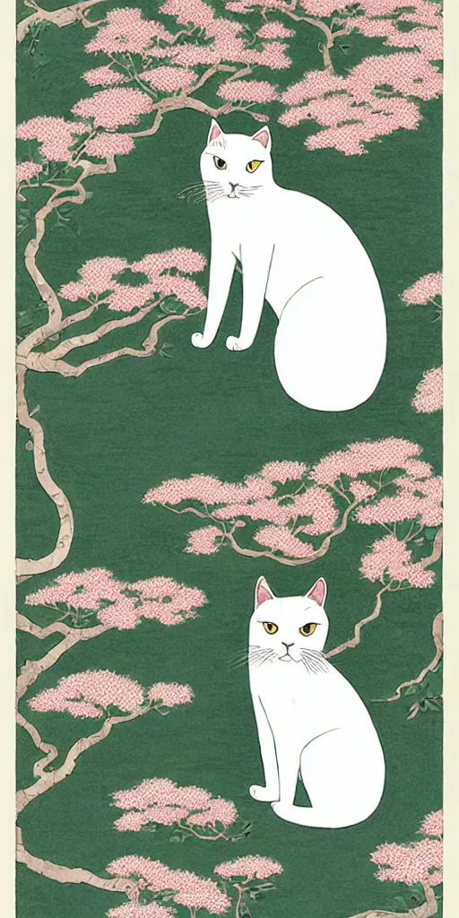 Image similar to white cat in center of an ancient japanese garden, in the style of victo ngai, animal portrait