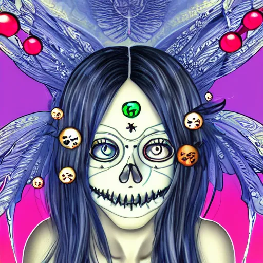 Image similar to portrait of a anime angel happy smiley girl skull face with bubbles in background detailed highres 4k by Trevor Brown pop art nouveau