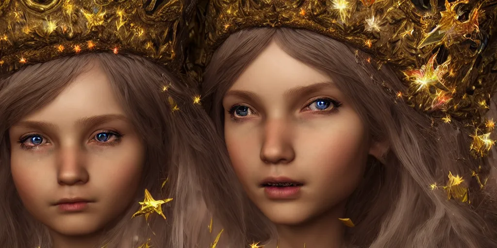 Image similar to hyperrealist cg of a fairy girl emperorit is decorated with long robes that fall like stars and wears a huge crown. fantasy art, photo realistic, dynamic lighting, artstation, poster, volumetric lighting, very detailed faces, 4 k, award winning, blender