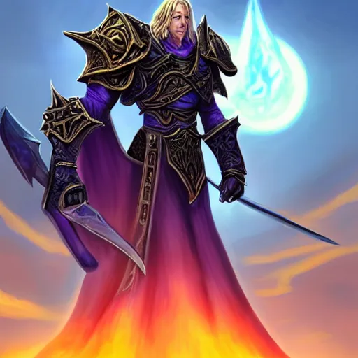 Image similar to painting of arthas from world of warcraft!!!!!, watching a purple and orange sunset!!, from the black mage cemetery!!!, in the style of justin gerard!!!!