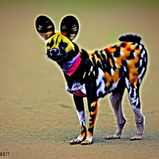 Image similar to The world's greatest showman: the african painted dog dressed in a hat!