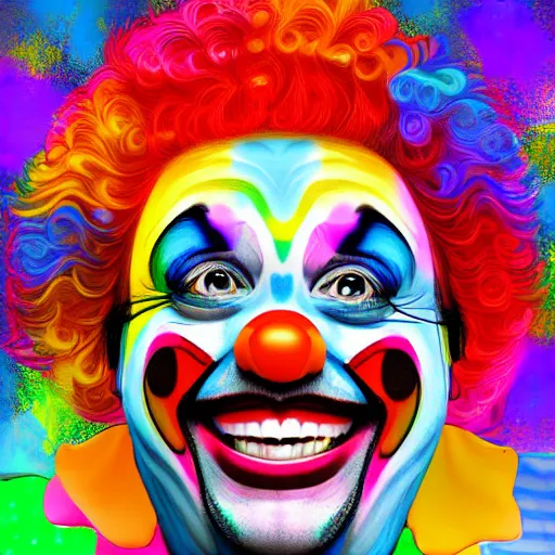 Prompt: Portrait of a colorful happy joyful clown, crazy, digital art masterpiece