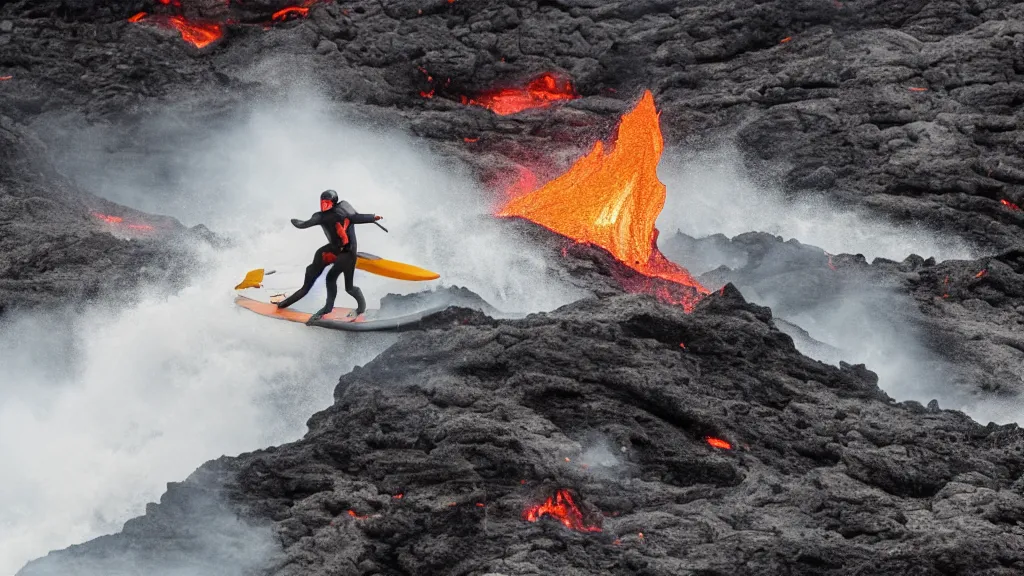 Image similar to person in armor surfing down a river of lava on the side of a volcano on surfboard, action shot, dystopian, thick black smoke and fire, motion blur, sharp focus, cinematic, tilt shift lens