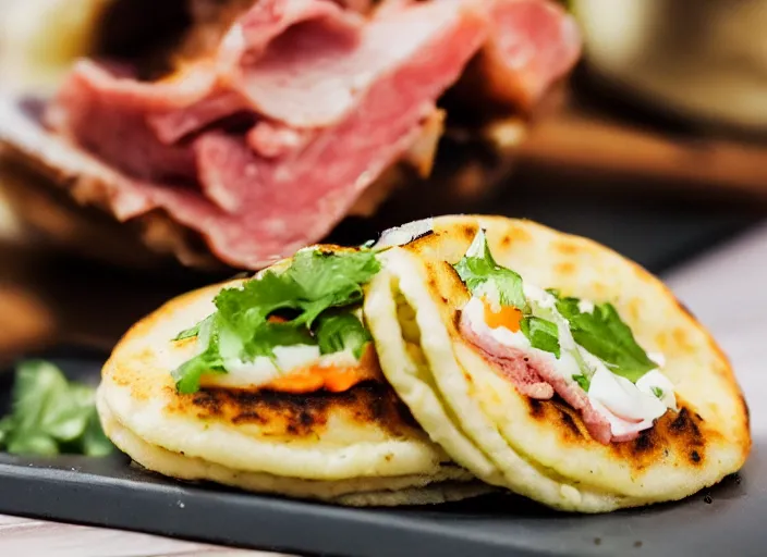 Image similar to dslr food photograph an arepa filled with sliced meat 8 5 mm f 1. 8