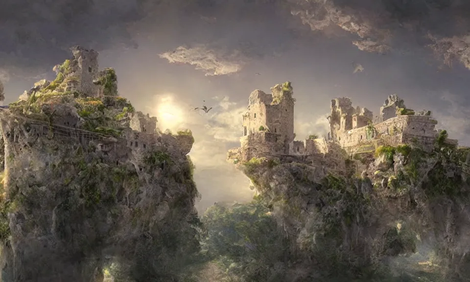 Prompt: a floating island in the stratosphere with the ruins of a small castle and a single suspension bridge leading to it, stunning digital illustration, by james gurney, cinematic lighting, very detailed, mystical, beautiful and mysterious